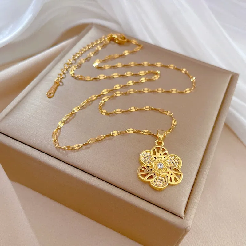 316L Stainless Steel Gold Color Flower Pendant Necklace For Women