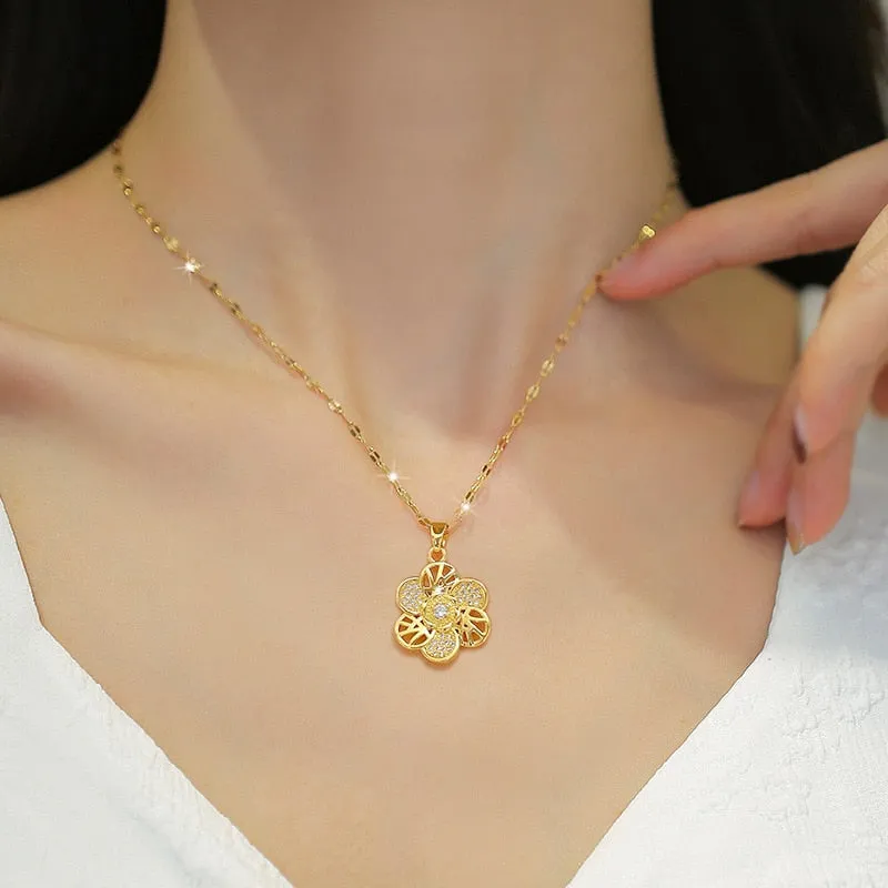 316L Stainless Steel Gold Color Flower Pendant Necklace For Women