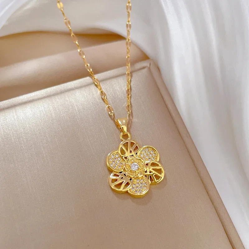 316L Stainless Steel Gold Color Flower Pendant Necklace For Women