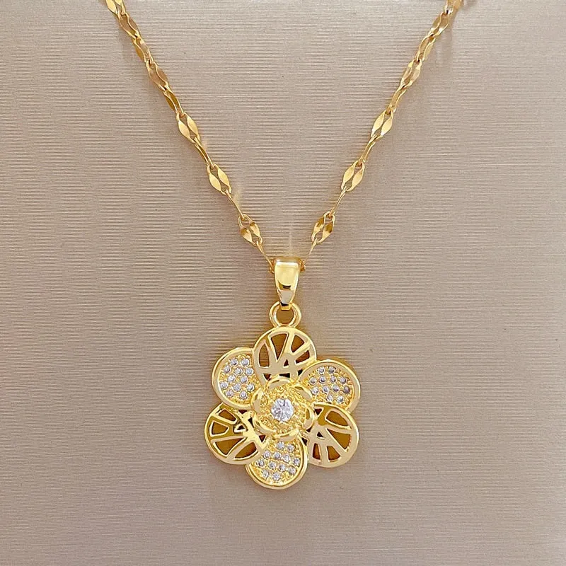 316L Stainless Steel Gold Color Flower Pendant Necklace For Women