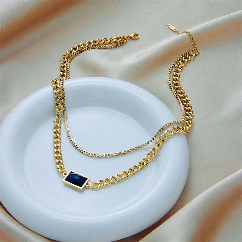 316L Stainless Steel Gold Color Multilayer Square Crystal Necklace For Women