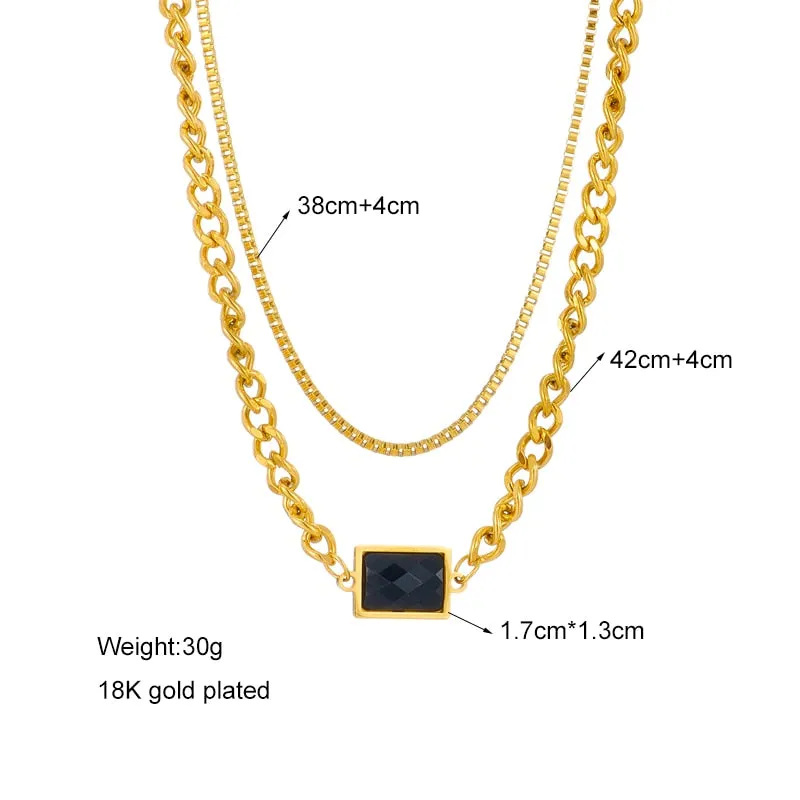 316L Stainless Steel Gold Color Multilayer Square Crystal Necklace For Women