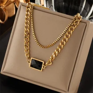 316L Stainless Steel Gold Color Multilayer Square Crystal Necklace For Women
