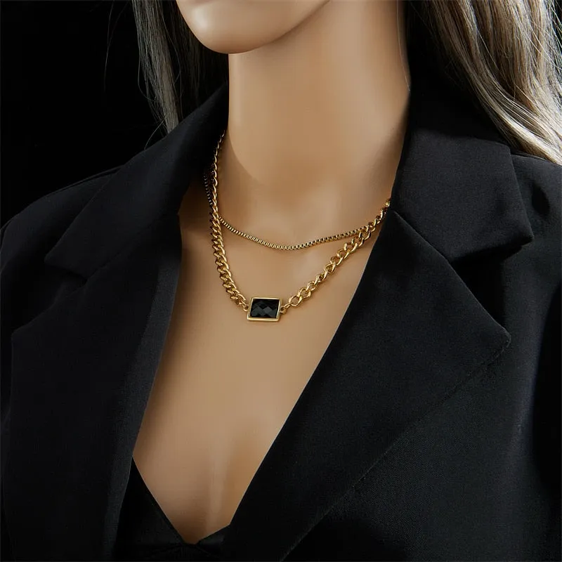 316L Stainless Steel Gold Color Multilayer Square Crystal Necklace For Women