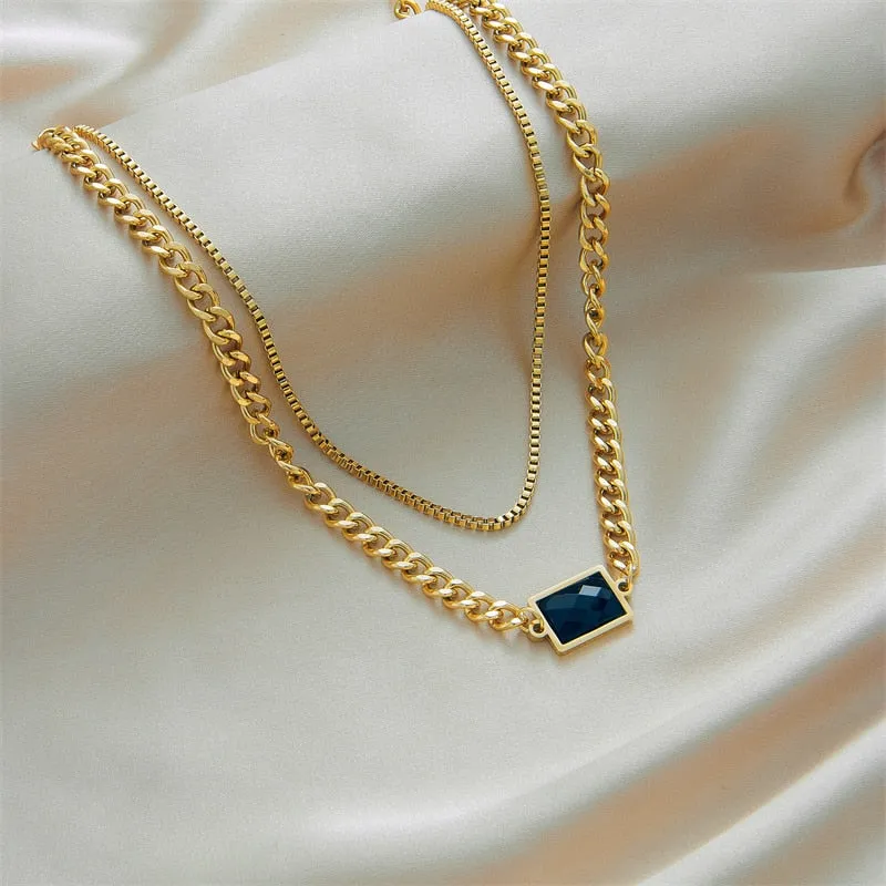 316L Stainless Steel Gold Color Multilayer Square Crystal Necklace For Women