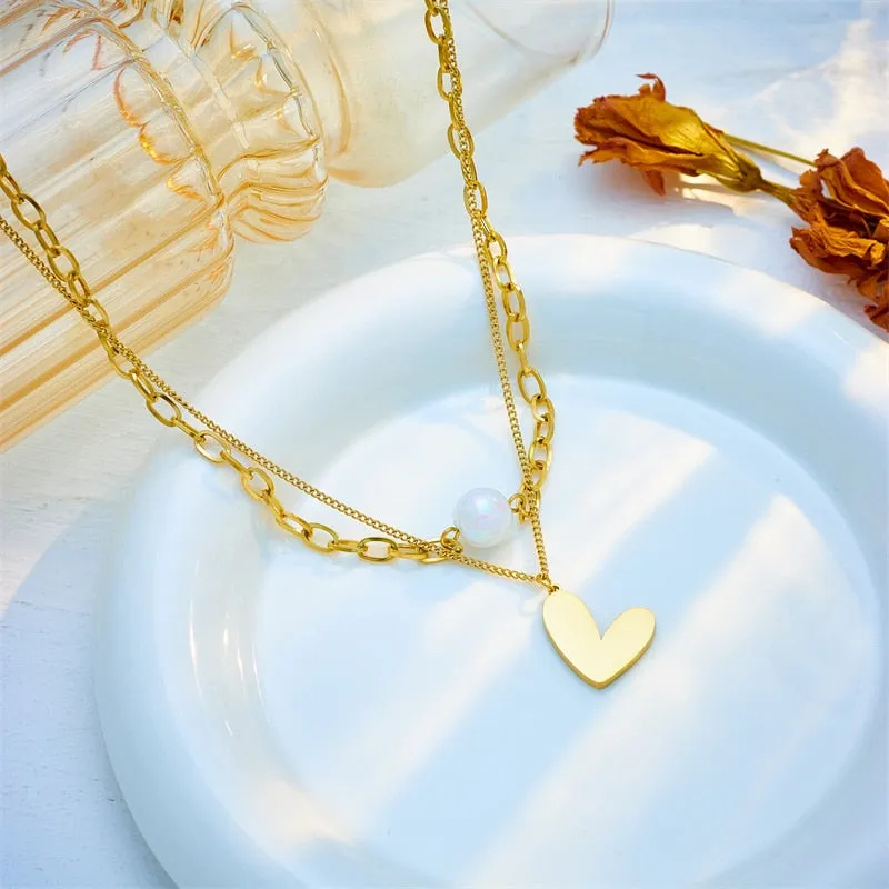 316L Stainless Steel Heart Pearl Pendant Necklace For Women