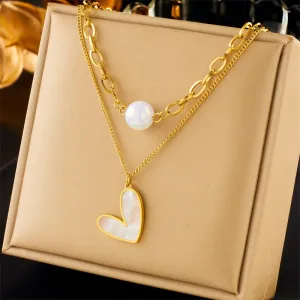 316L Stainless Steel Heart Pearl Pendant Necklace For Women