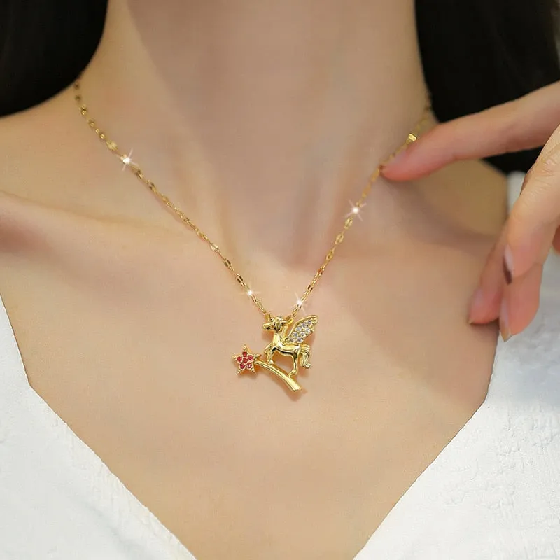 316L Stainless Steel Magic Wand Flying Horse Pendant Necklace For Women