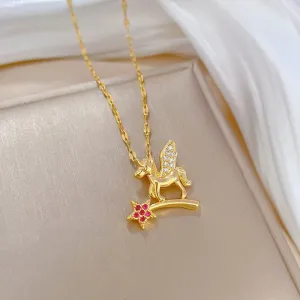 316L Stainless Steel Magic Wand Flying Horse Pendant Necklace For Women