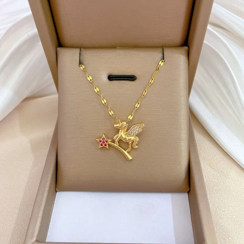 316L Stainless Steel Magic Wand Flying Horse Pendant Necklace For Women