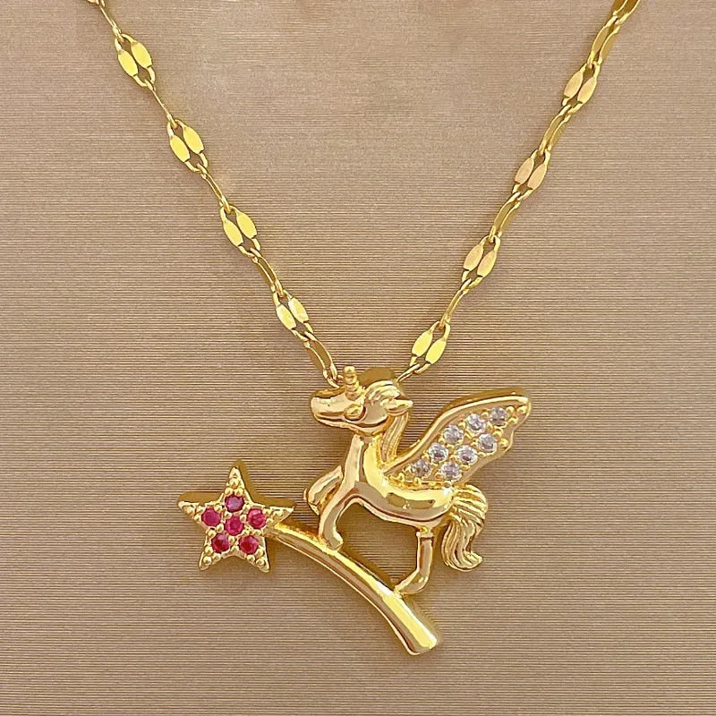 316L Stainless Steel Magic Wand Flying Horse Pendant Necklace For Women