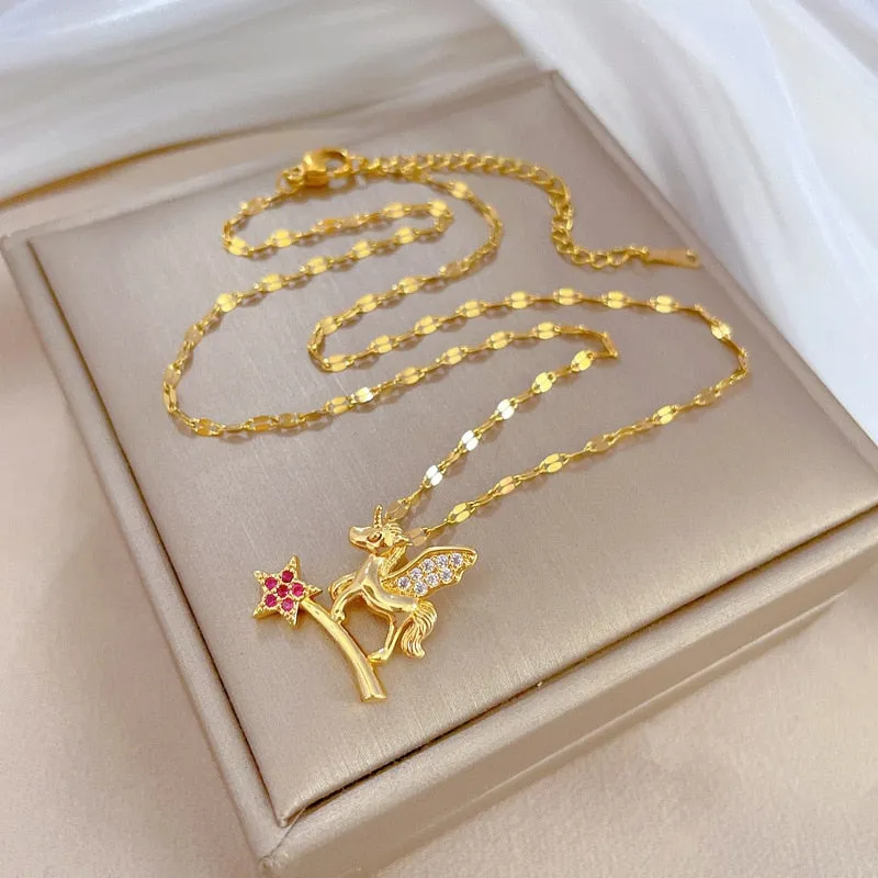 316L Stainless Steel Magic Wand Flying Horse Pendant Necklace For Women