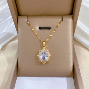 316L Stainless Steel Oval White Crystal Pendant Necklace For Women