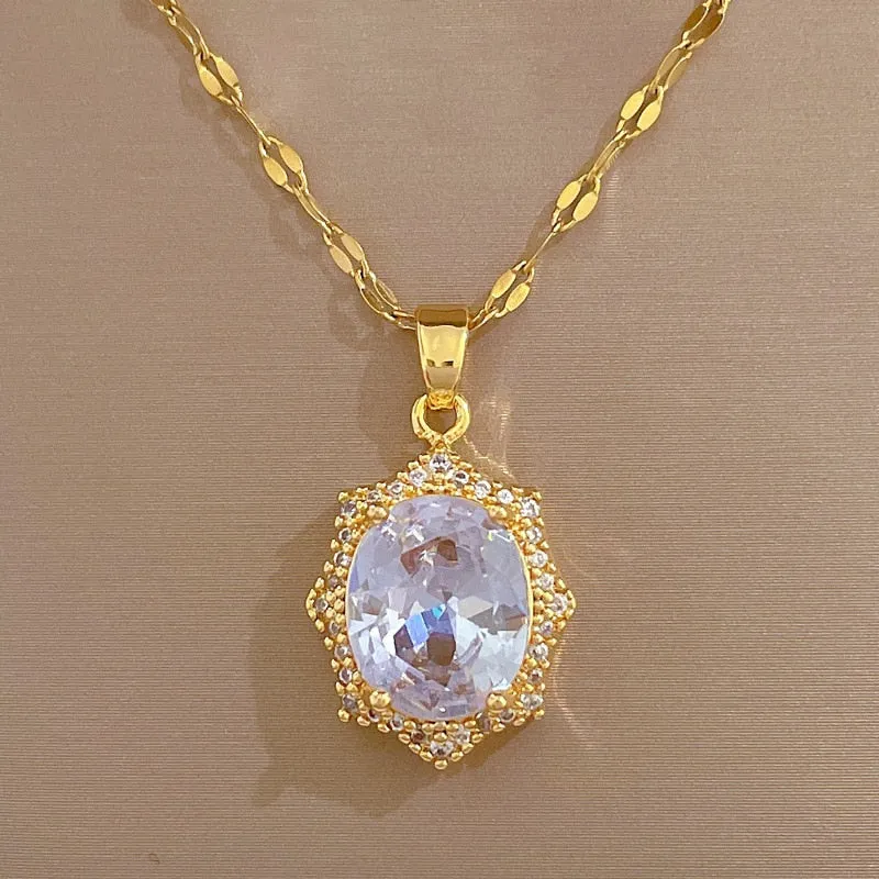 316L Stainless Steel Oval White Crystal Pendant Necklace For Women
