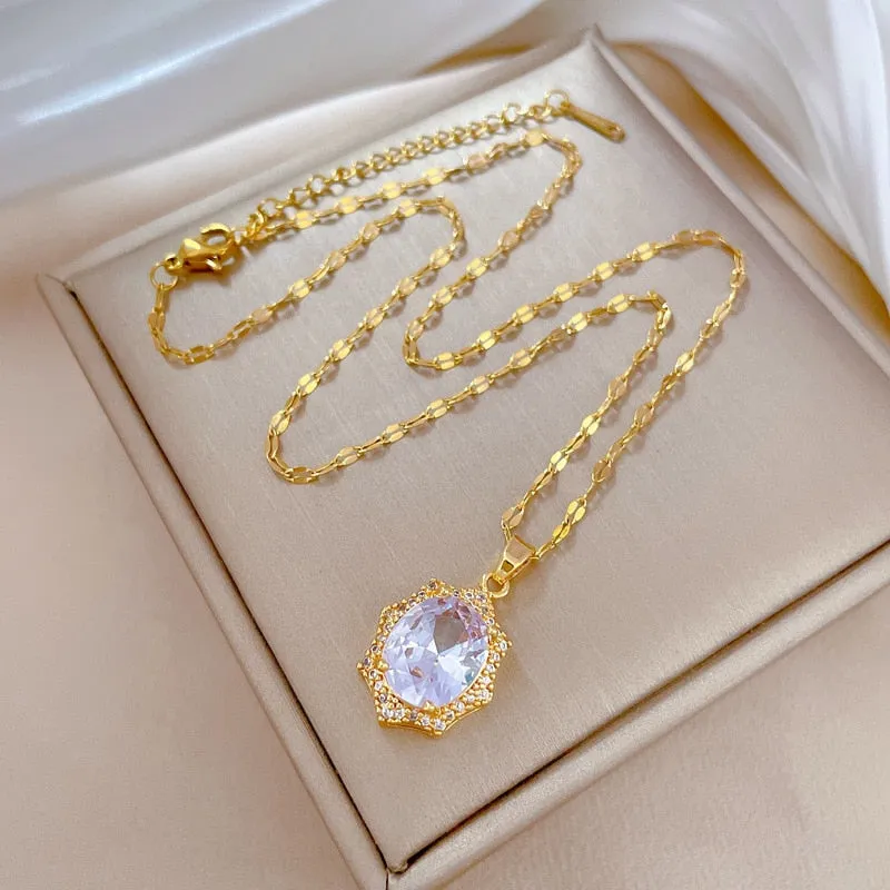 316L Stainless Steel Oval White Crystal Pendant Necklace For Women