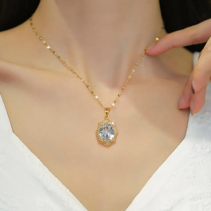 316L Stainless Steel Oval White Crystal Pendant Necklace For Women