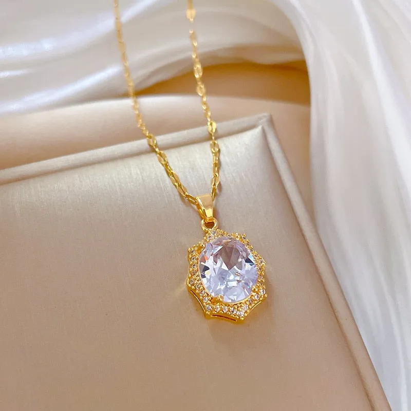316L Stainless Steel Oval White Crystal Pendant Necklace For Women