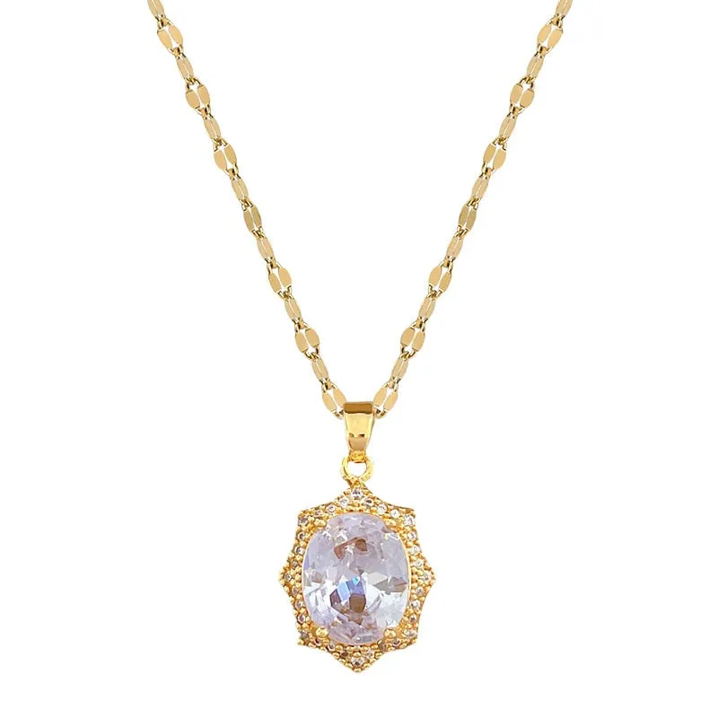 316L Stainless Steel Oval White Crystal Pendant Necklace For Women