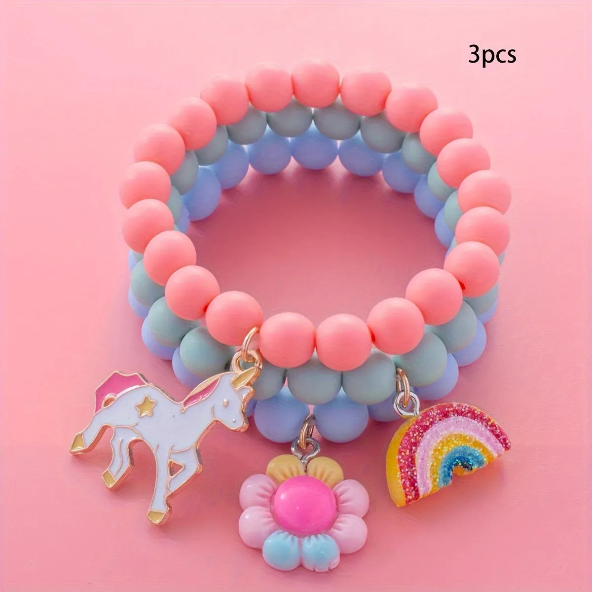 3pcs Cute Unicorn/Sunflower/Rainbow Charm Beaded Bracelets For Girls