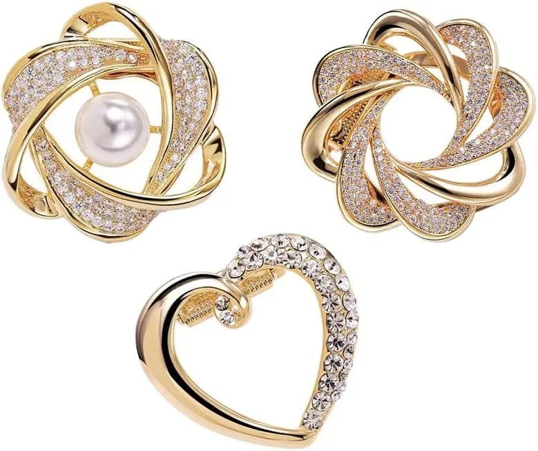 3PCS Scarf Clip Brooches All In One Elegant Pearl Floral Rhinestones Golden Clothes Corner Knotted Button Brooch Scarves Ring T-Shirt Tie Clips Multi-Purposes For Women Lady Girls Decoration Accessories Jewelry
