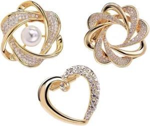 3PCS Scarf Clip Brooches All In One Elegant Pearl Floral Rhinestones Golden Clothes Corner Knotted Button Brooch Scarves Ring T-Shirt Tie Clips Multi-Purposes For Women Lady Girls Decoration Accessories Jewelry
