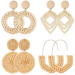 4 Pairs Rattan Earrings Lightweight Geometric Statement Tassel Woven Bohemian Earrings Handmade Straw Wicker Braid Hoop Drop Dangle Earrings For Women Girls (Style B)