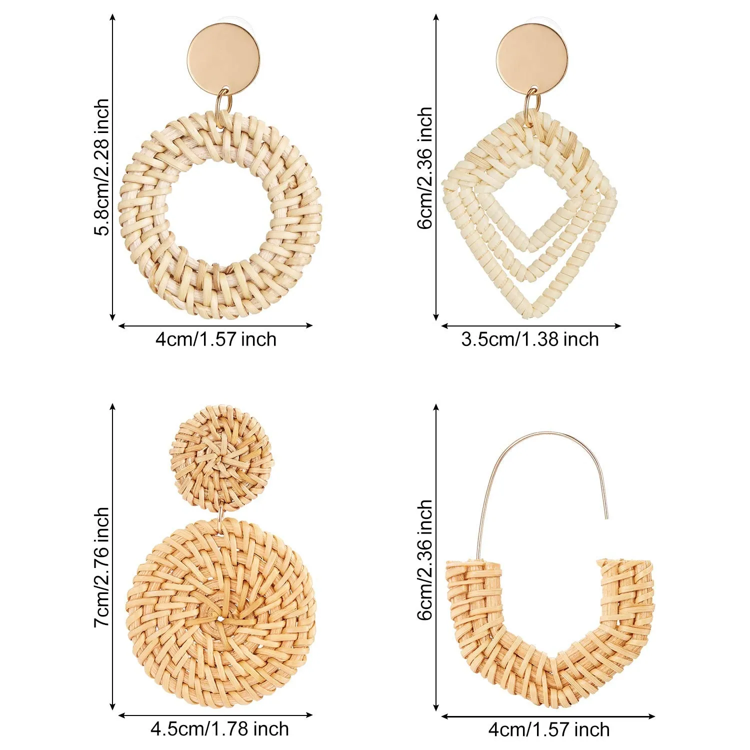 4 Pairs Rattan Earrings Lightweight Geometric Statement Tassel Woven Bohemian Earrings Handmade Straw Wicker Braid Hoop Drop Dangle Earrings For Women Girls (Style B)