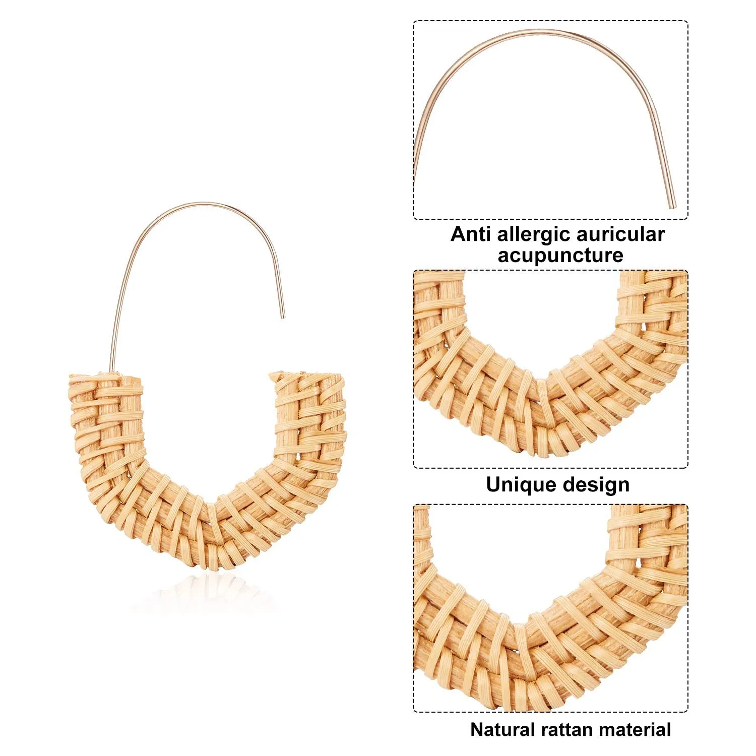 4 Pairs Rattan Earrings Lightweight Geometric Statement Tassel Woven Bohemian Earrings Handmade Straw Wicker Braid Hoop Drop Dangle Earrings For Women Girls (Style B)