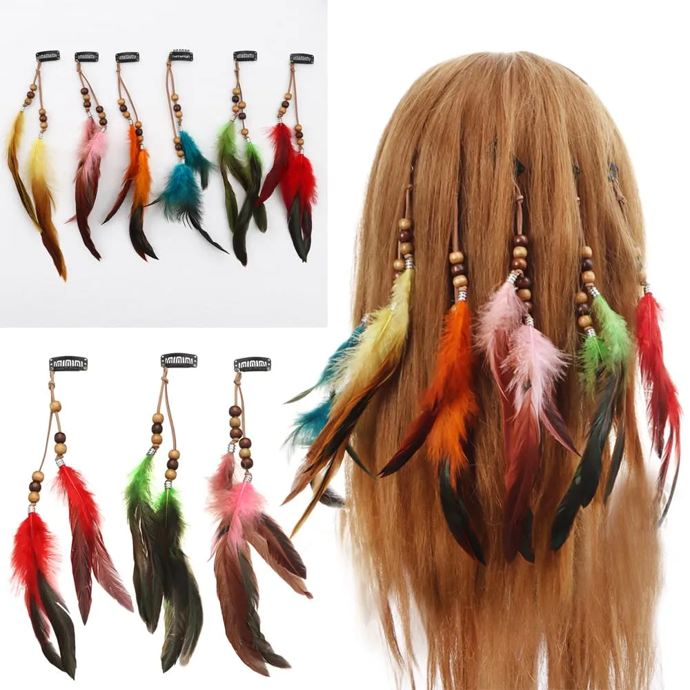 6 Pcs Feather Hair Clip Headband For Women Girls Boho Colored Hairpieces Hair Extension Hippie Tassel Headdress Hair Band Festival Costume Halloween Accessories