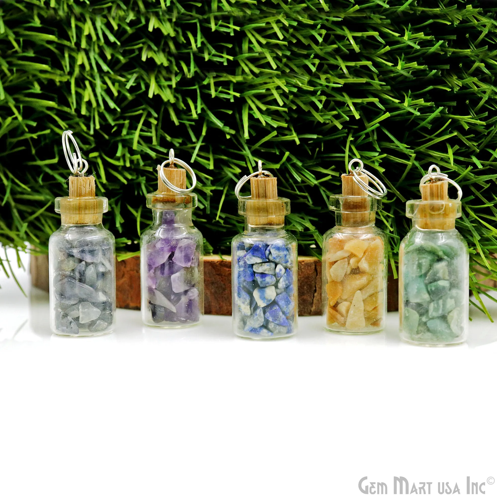 7pc Lot Uncut Chips Bottle Pendant Charms With Silver Plated Top Jump Ring