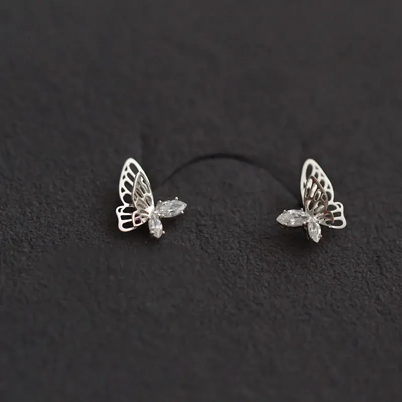 925 Silver Needle Shiny Zircon Butterfly Earring for Students