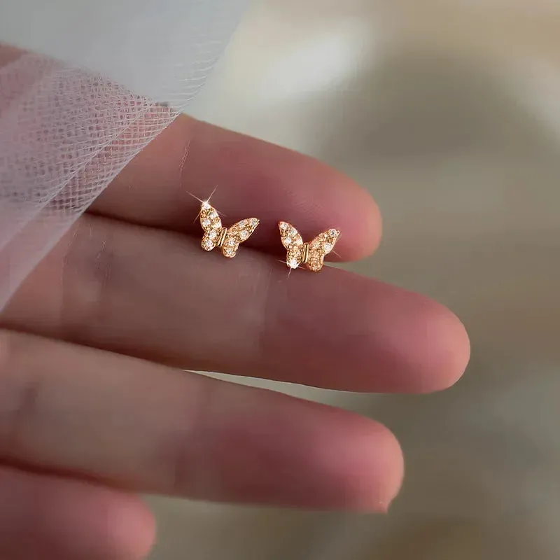 925 Silver Needle Shiny Zircon Butterfly Earring for Students