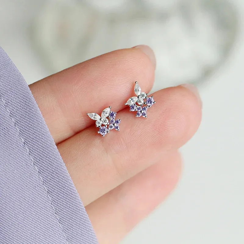 925 Silver Needle Shiny Zircon Butterfly Earring for Students