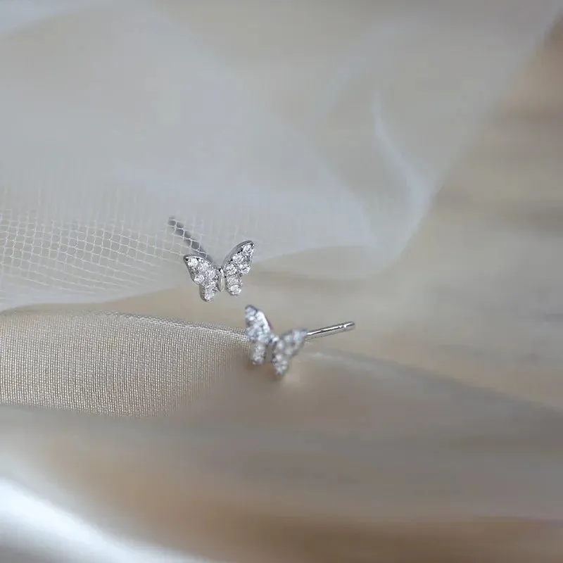 925 Silver Needle Shiny Zircon Butterfly Earring for Students