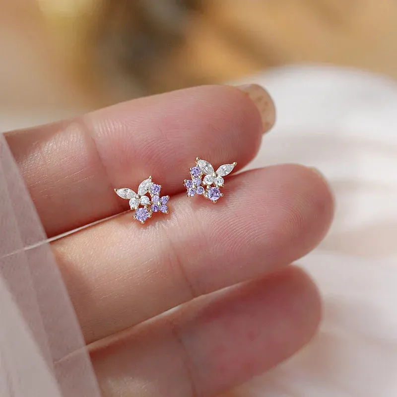 925 Silver Needle Shiny Zircon Butterfly Earring for Students