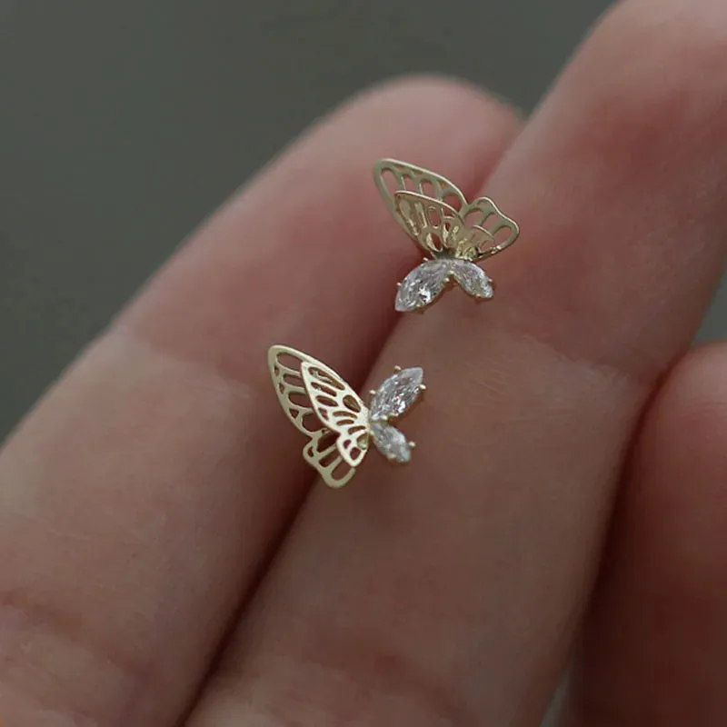 925 Silver Needle Shiny Zircon Butterfly Earring for Students
