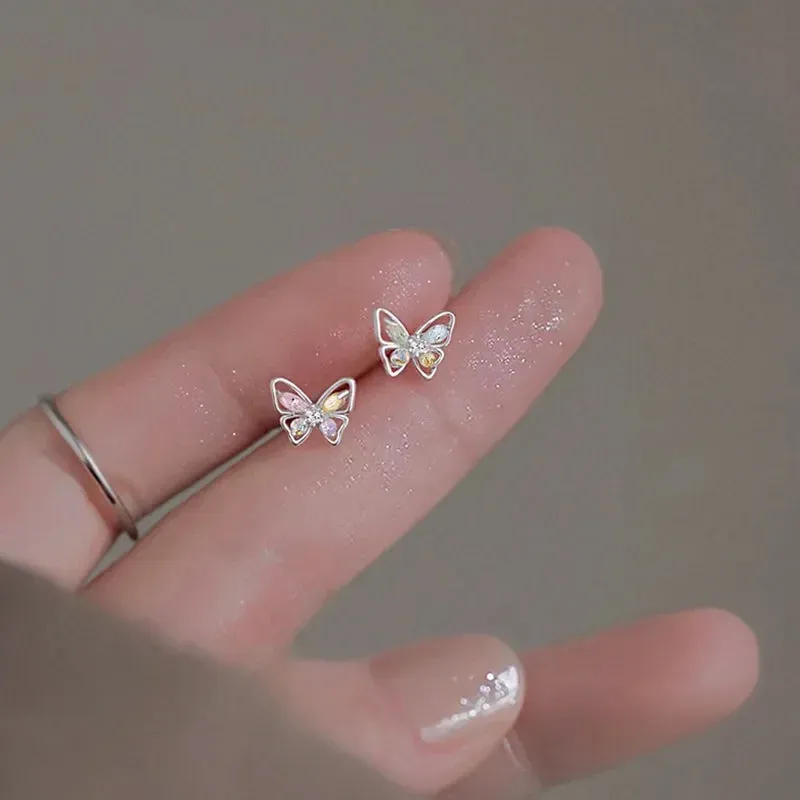 925 Silver Needle Shiny Zircon Butterfly Earring for Students