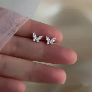 925 Silver Needle Shiny Zircon Butterfly Earring for Students