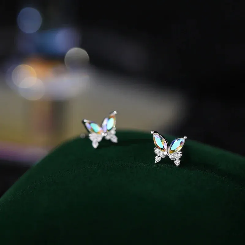 925 Silver Needle Shiny Zircon Butterfly Earring for Students