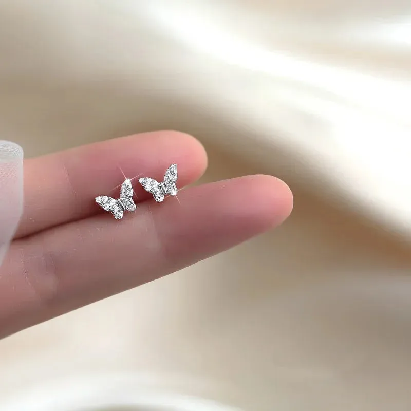925 Silver Needle Shiny Zircon Butterfly Earring for Students