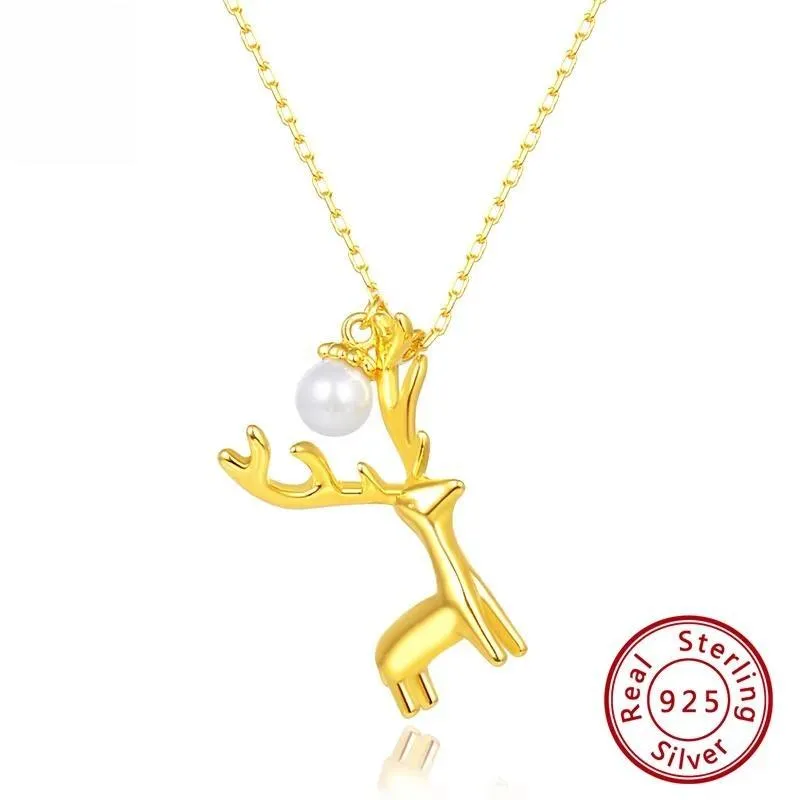 925 Sterling Silver Christmas Gift Deer Necklace with Delicate Pearl