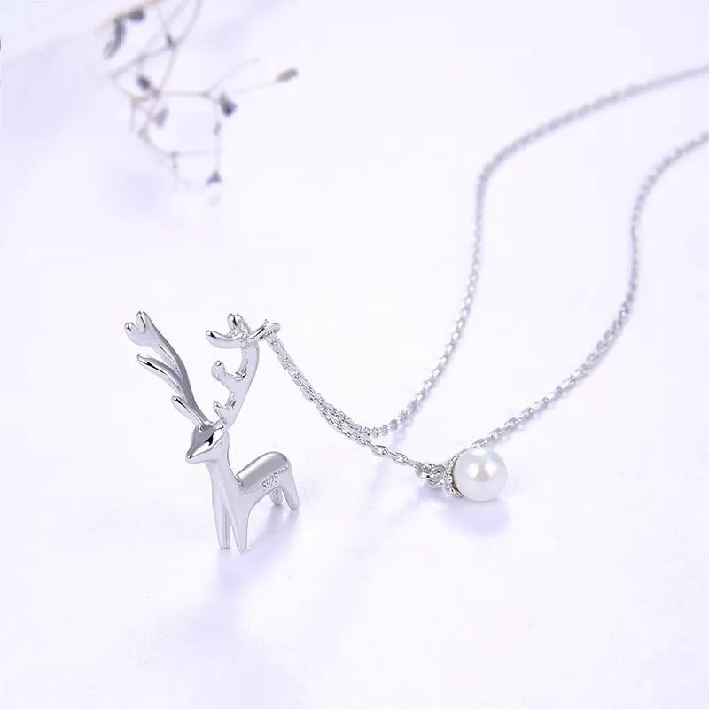 925 Sterling Silver Christmas Gift Deer Necklace with Delicate Pearl