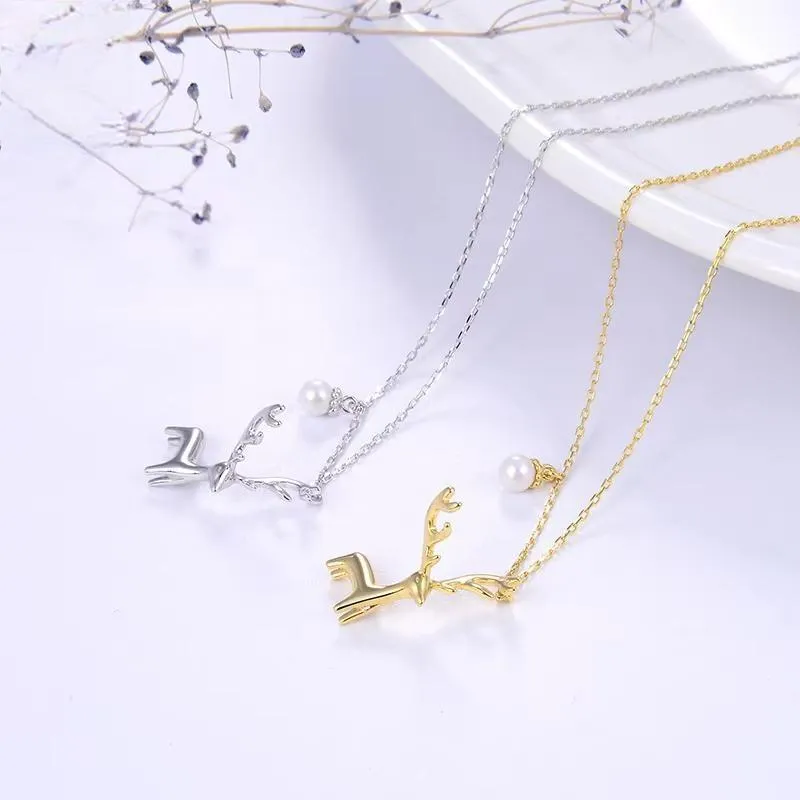 925 Sterling Silver Christmas Gift Deer Necklace with Delicate Pearl