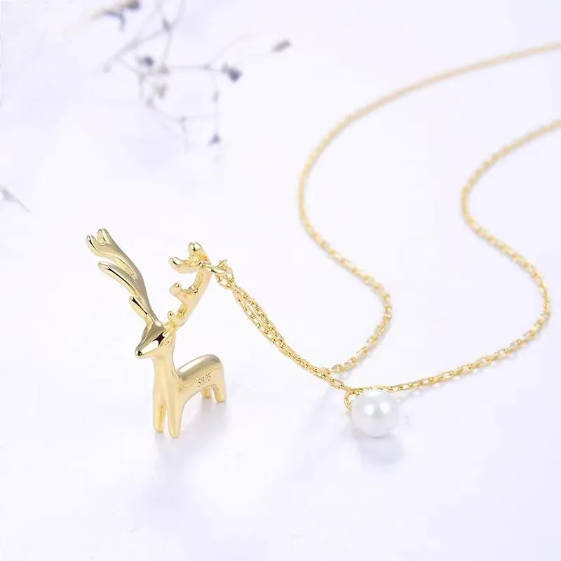 925 Sterling Silver Christmas Gift Deer Necklace with Delicate Pearl
