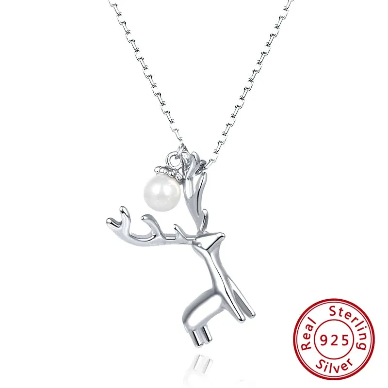 925 Sterling Silver Christmas Gift Deer Necklace with Delicate Pearl