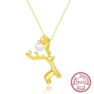 925 Sterling Silver Christmas Gift Deer Necklace with Delicate Pearl