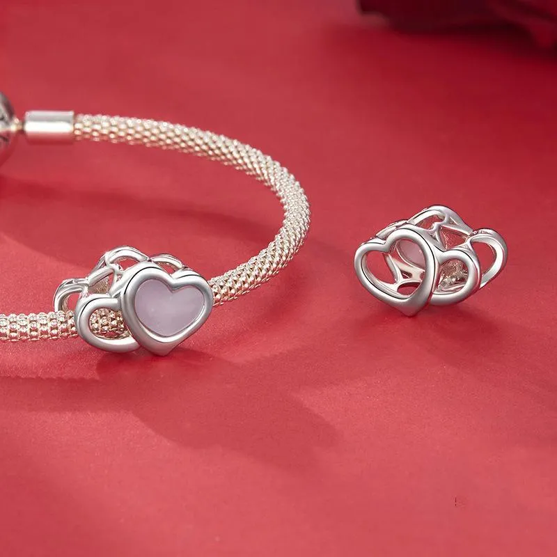 925 Sterling Silver Platinum Plated Pink Heart Diy Beads
