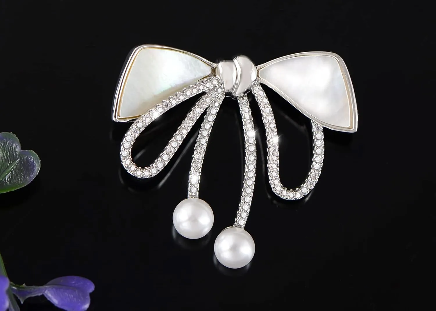 Alilang Cubic Zirconia Bridal Natural Seashell Bowknot Brooches Pins Crystal Rhinestones Vintage Women Accessory