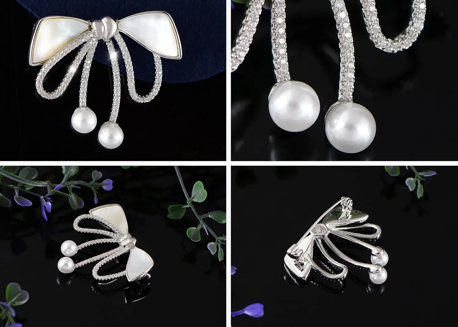 Alilang Cubic Zirconia Bridal Natural Seashell Bowknot Brooches Pins Crystal Rhinestones Vintage Women Accessory