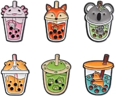 Animal Pin Cute Animal Bubble Tea Drink Enamel Lapel Pin Brooches Cute Boba Brooch Kawaii Bags Backpacks Jackets Hat Accessory Decoration animal pins for backpacks Set of 6